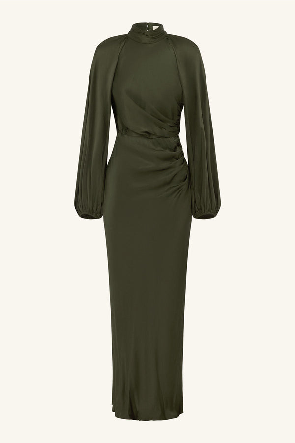 LA LUNE HIGH NECK BALLOON SLEEVE MAXI DRESS - FOREST_G