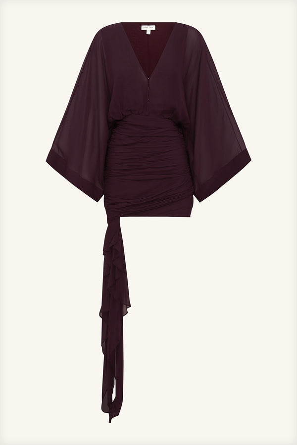 AMINA LONG SLEEVE PLUNGED MINI DRESS - WINE TASTING_G