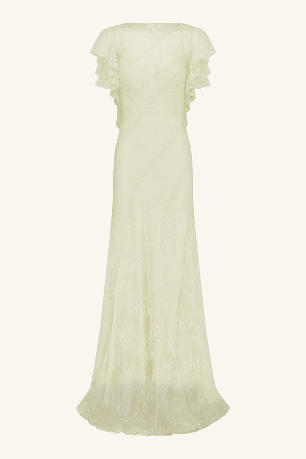 LABYRINTH SHEER LACE PANELLED MAXI DRESS - CANARY GREEN_G