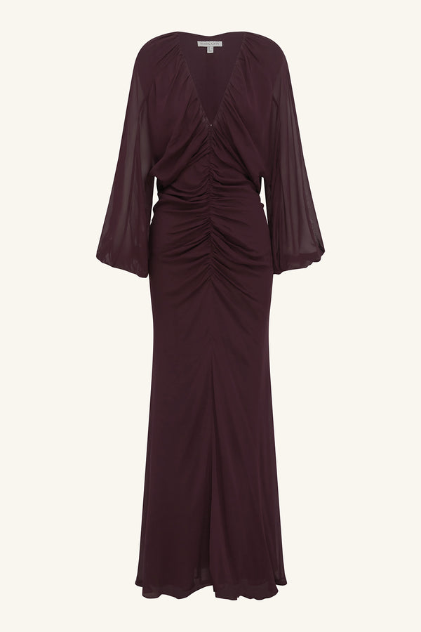 AMINA GATHERED LOW PLUNGED MAXI DRESS - WINE TASTING_G