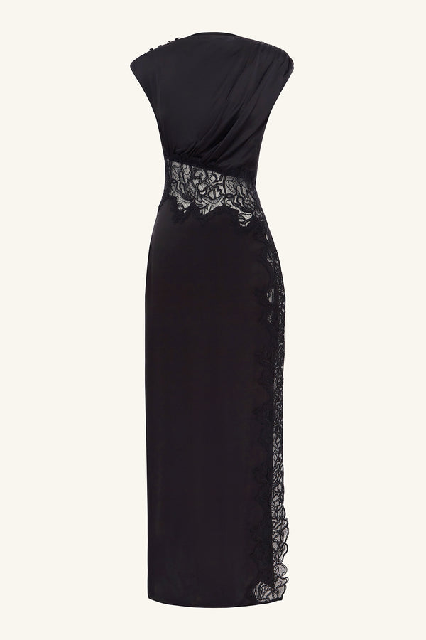 ENIKO LACE GATHERED MAXI DRESS - BLACK_G