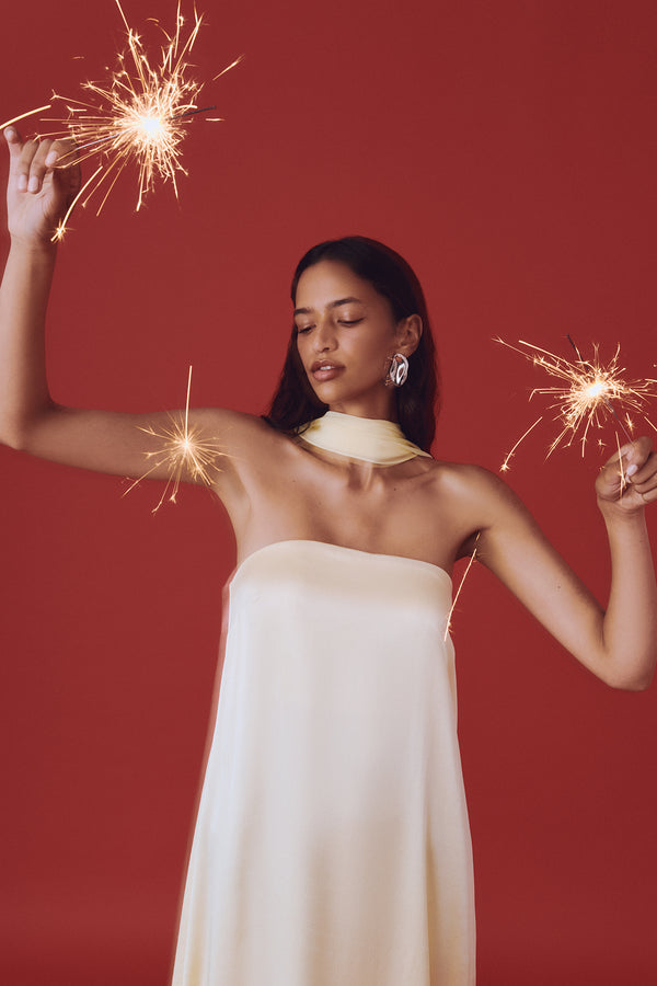 shona joy la lune strapless column satin maxi dress Shona Joy - La Lune Strapless Column Maxi Dress - Lemon