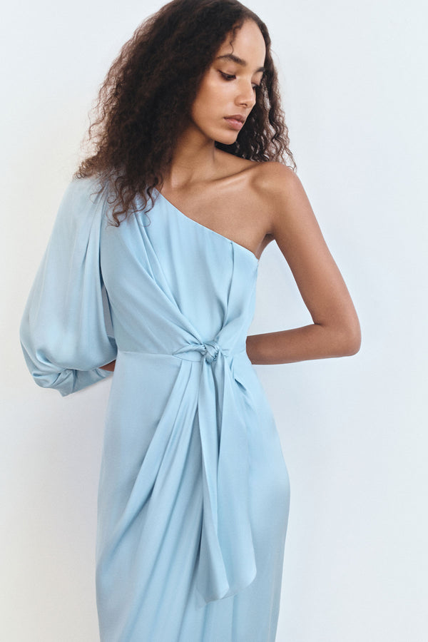 LUMIERE TIE FRONT ONE SHOULDER MIDI DRESS - CLOUD DRIFT