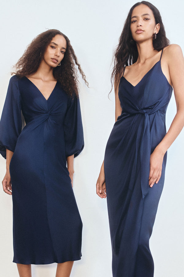 LUMIERE TIE FRONT MIDI DRESS - NIGHT SKY