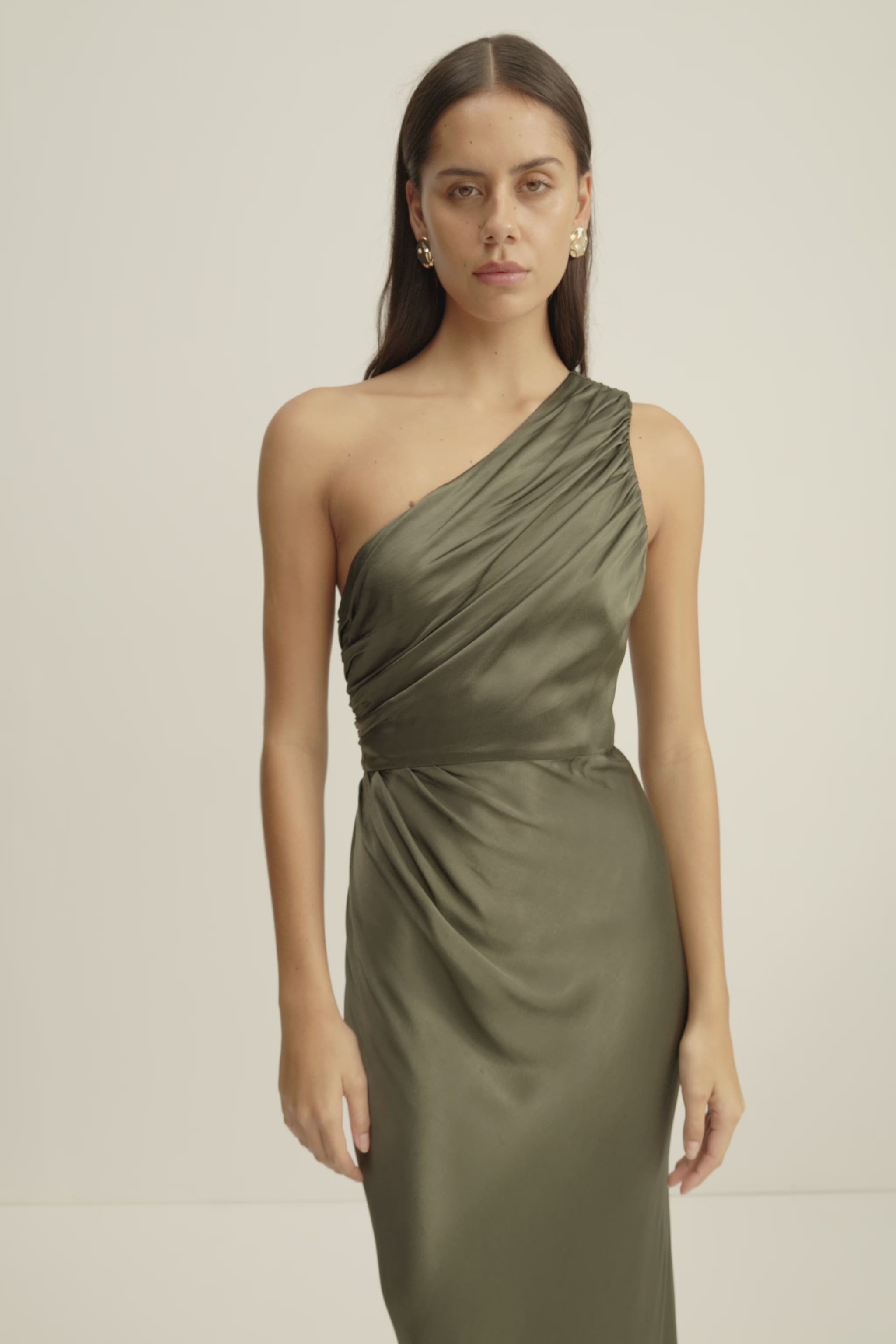 La Lune Gathered One Shoulder Maxi Dress | Forest | Dresses