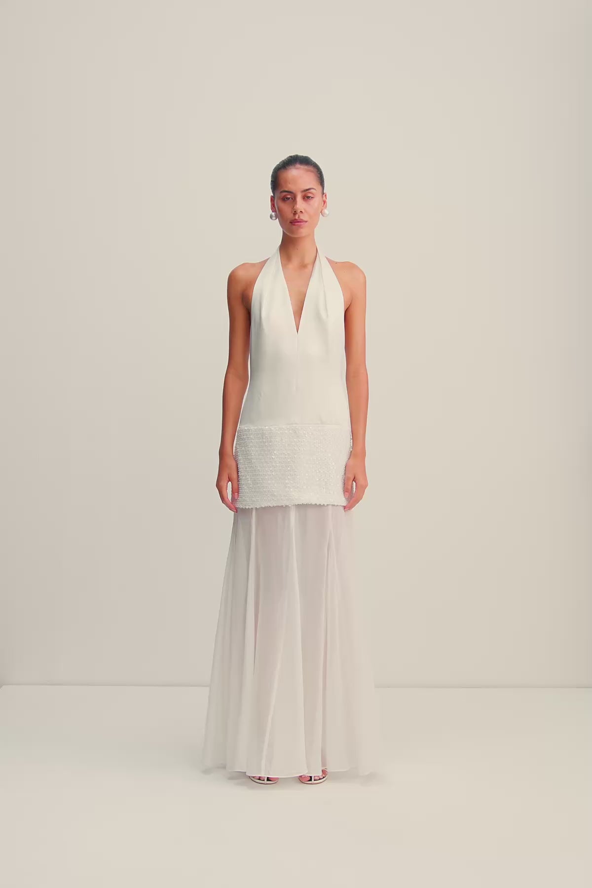 Bianca Halter Plunged Maxi Dress | Ivory | Dresses | Shona Joy