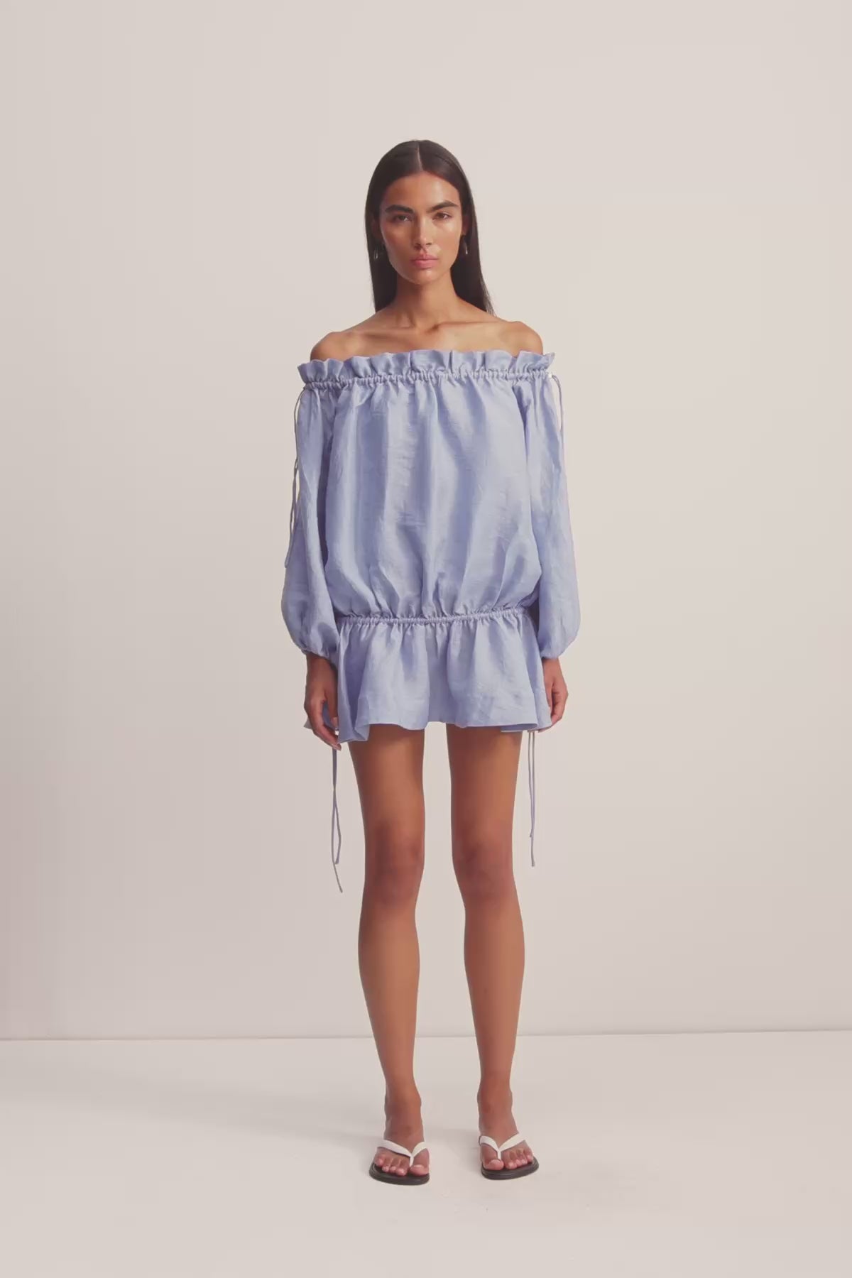 Marlowe Off Shoulder Linen Blend Mini Dress | Chambray | Dresses