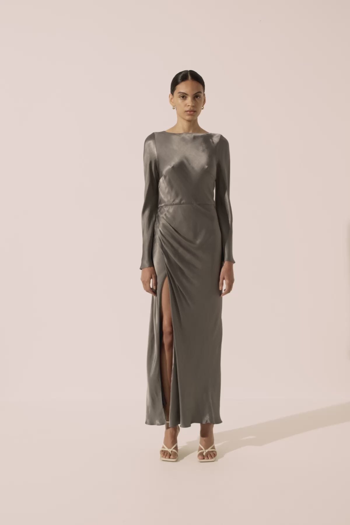 LA LUNE FLARED SLEEVE SIDE SPLIT MIDI DRESS | GRAPHITE | DRESSES