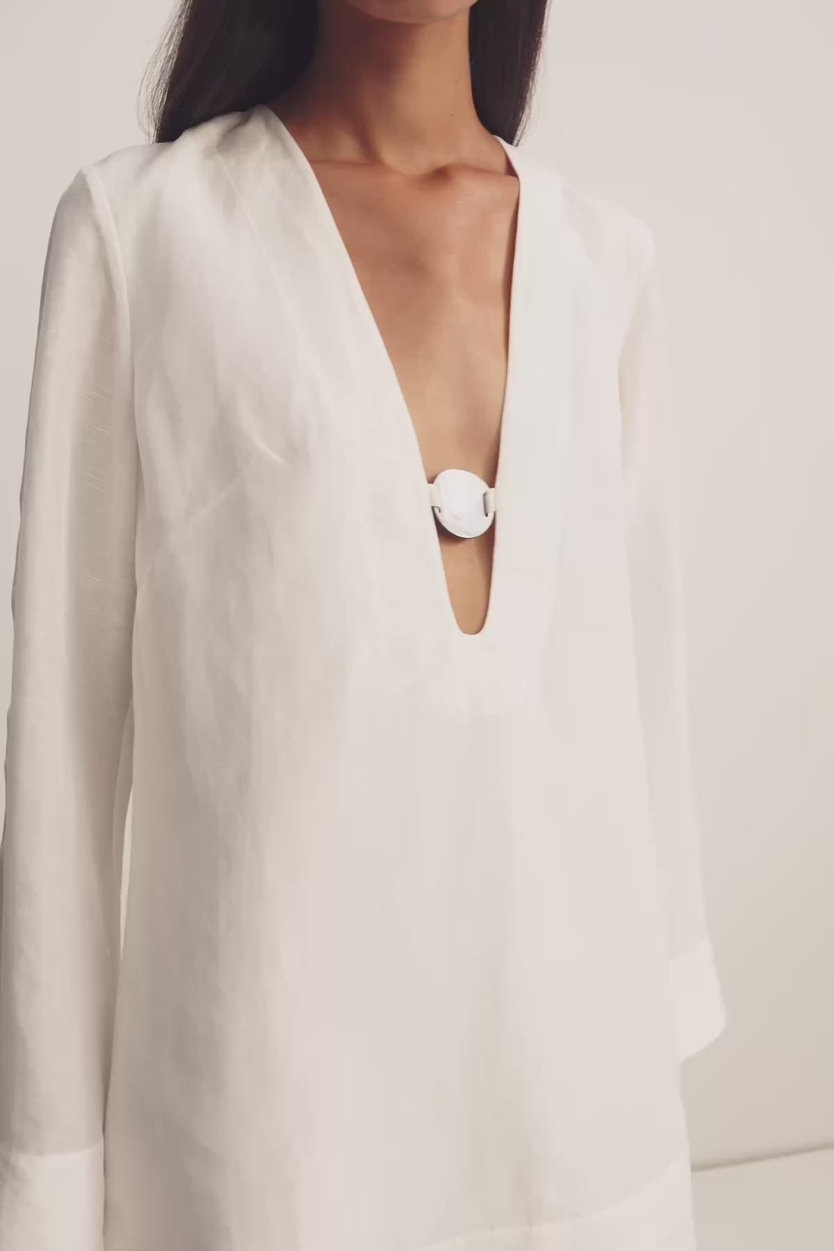 Paloma Plunged Long Sleeve Mini Dress | Ivory | Dresses | Shona