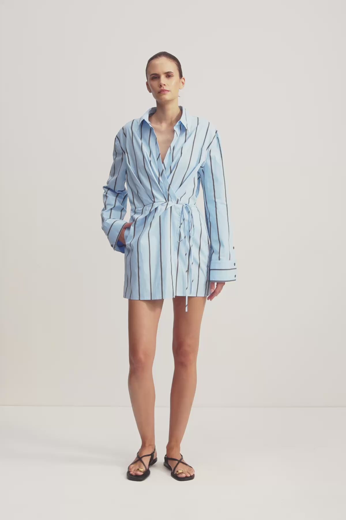 Saxon Draped Shirt Mini Dress | Bather Stripe | Dresses | Shona
