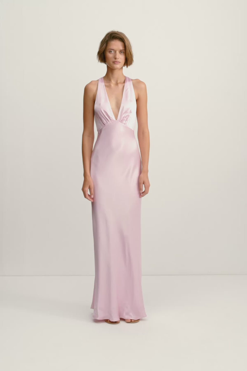 shona joy la lune plunge balloon sleeve satin midi dress Shona Joy - La Lune Plunged Cross Back Maxi Dress - Blossom