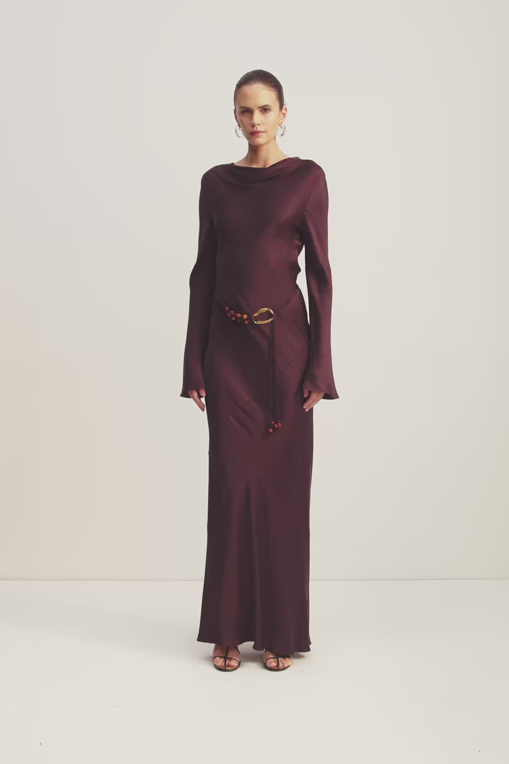 Shona Joy Agnes Long Sleeve Maxi Dress With Belt in Brown