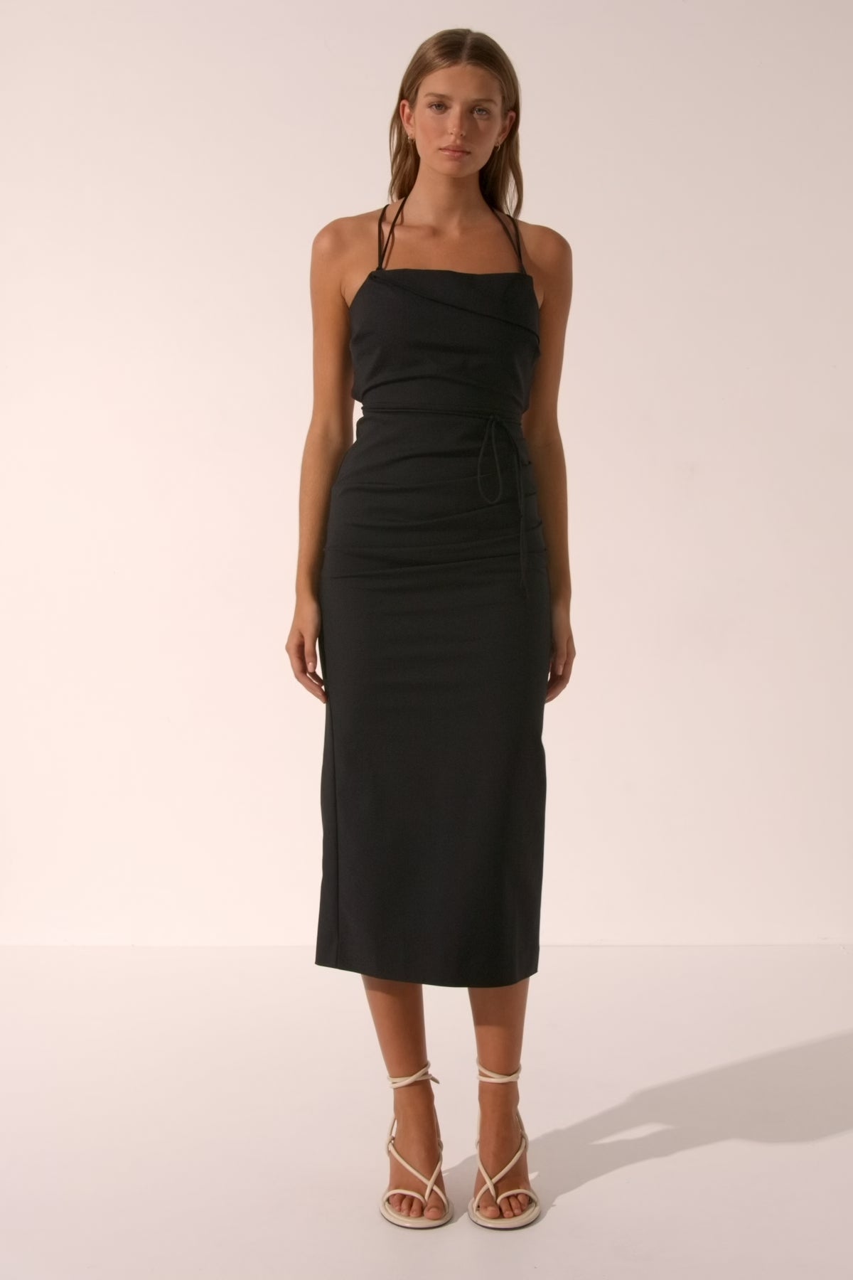 LANI DRAPED CROSS BACK MIDI DRESS | BLACK | DRESSES | SHONA JOY