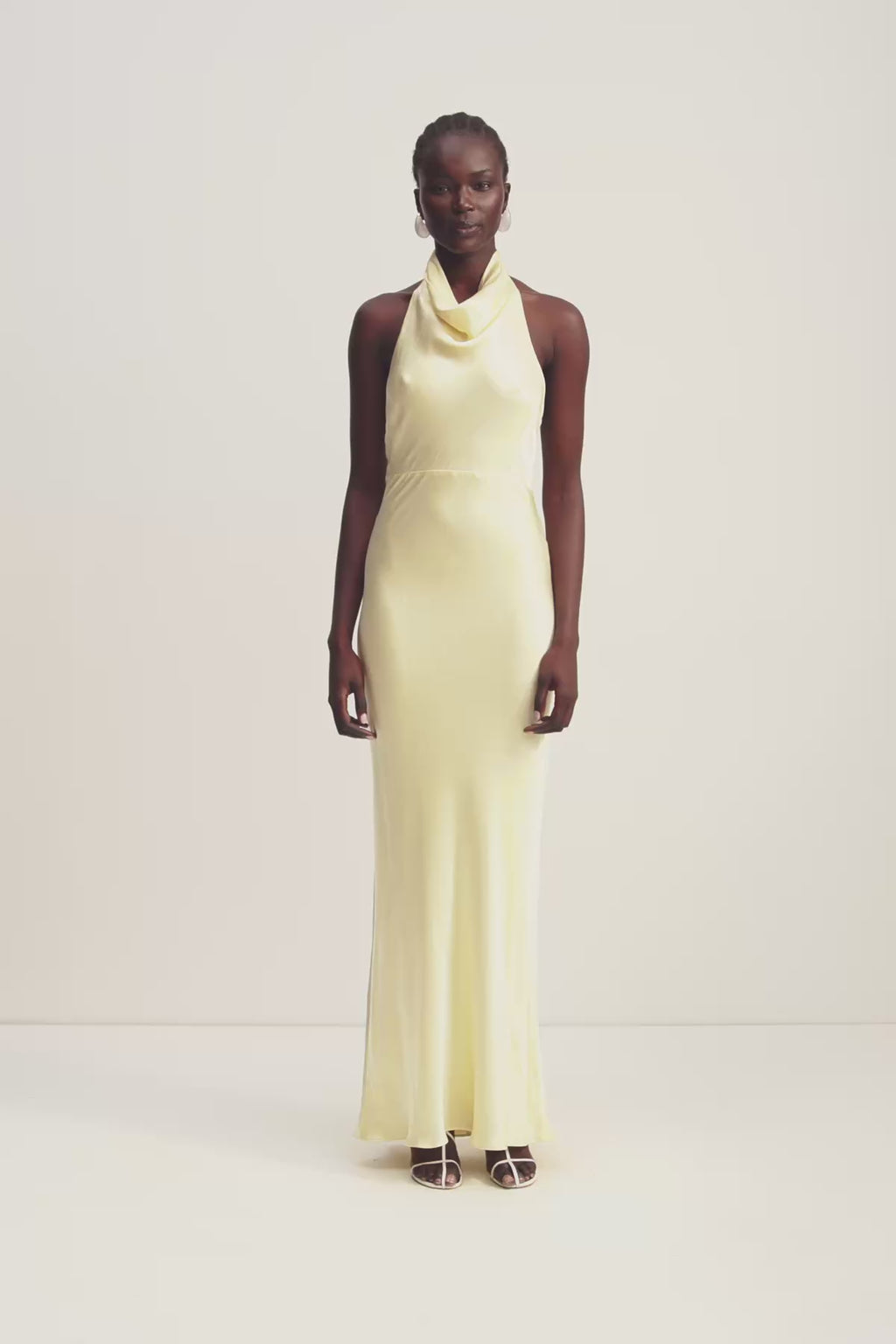 la lune high neck ruched maxi dress lemon Shona Joy - La Lune High Cowl Open Back Maxi Dress - Lemon