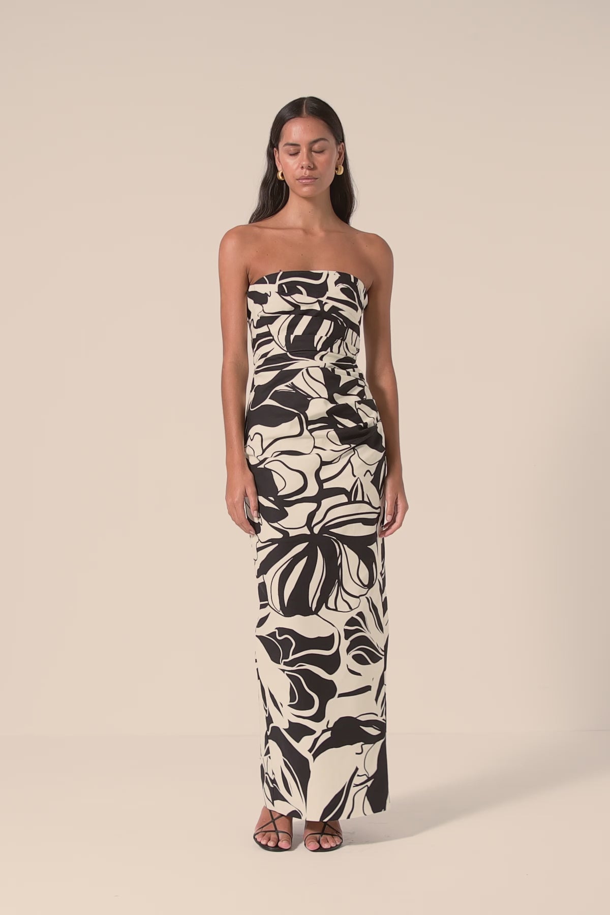 Azize Strapless Draped Maxi Dress | Cream/Black | Dresses | Shona