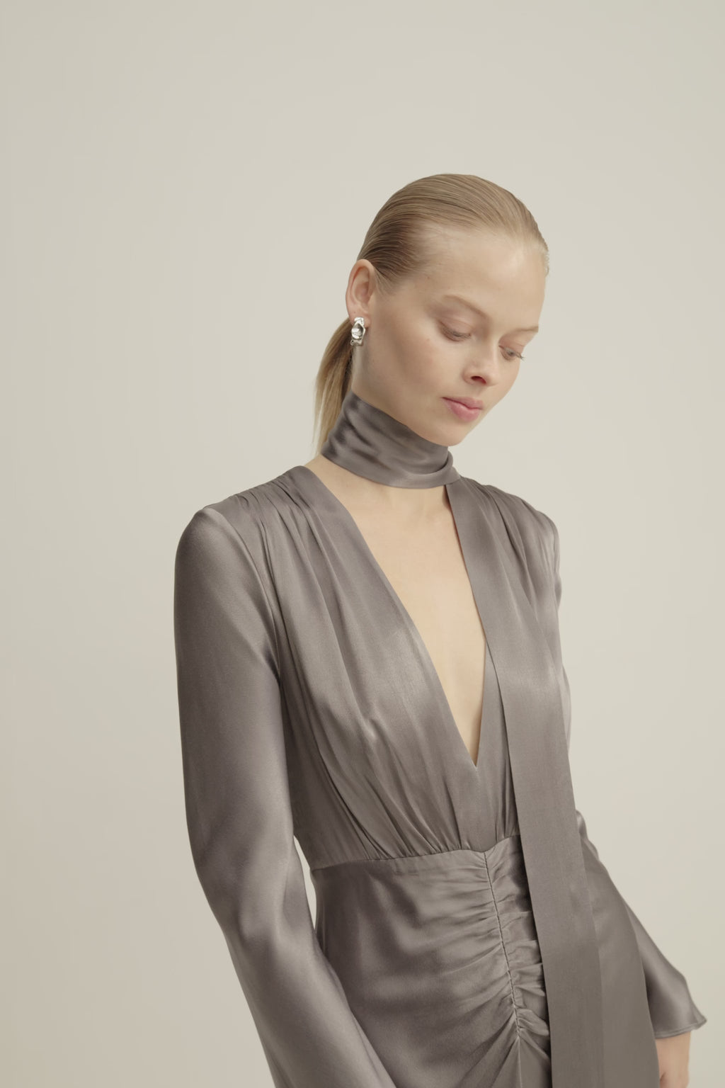 La Lune Plunged Long Sleeve Maxi Dress | Graphite | Dresses