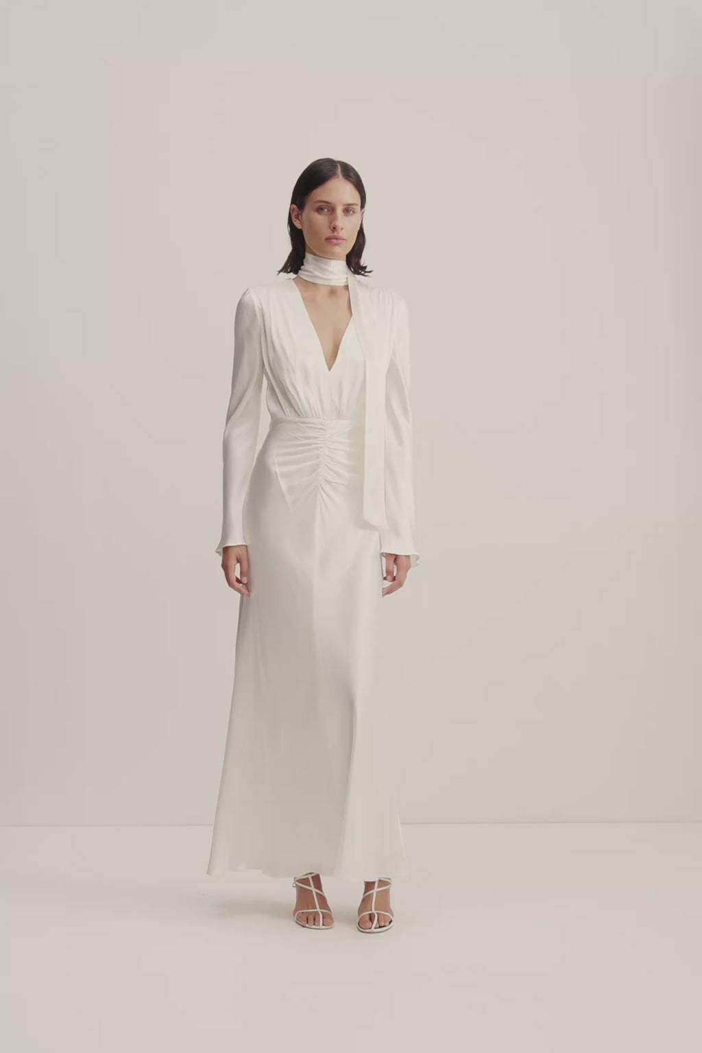 long sleeve white silk dress Open back gown As a result Ivory satin mini dress with